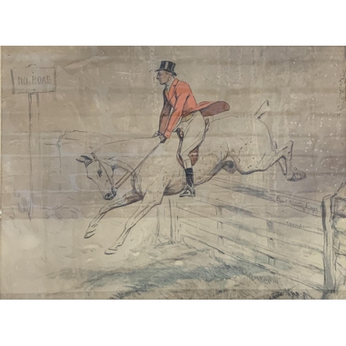 340 - Basil Nightingale (1864-1940) print with hand coloured highlights, depicting horseback hunter jumpin... 