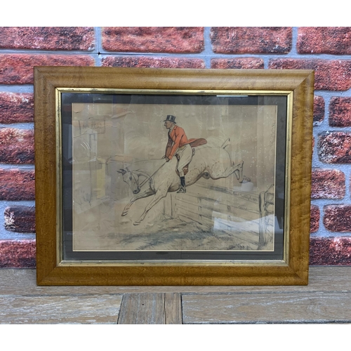 340 - Basil Nightingale (1864-1940) print with hand coloured highlights, depicting horseback hunter jumpin... 