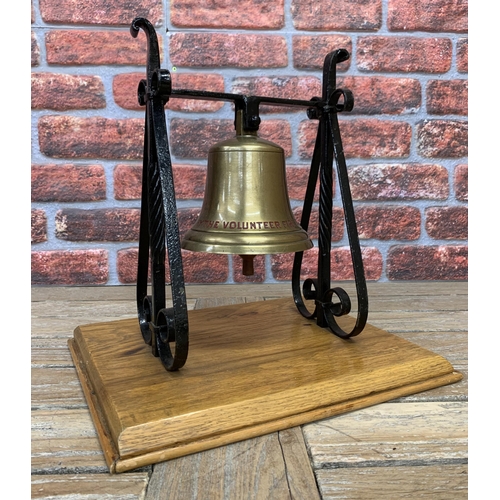 2212 - Great vintage brass fire bell, inscribed 'Hythe Volunteer Fire Brigade', upon a wrought iron frame a... 