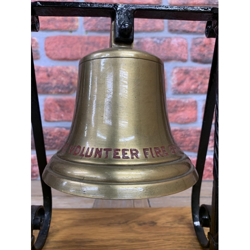 2212 - Great vintage brass fire bell, inscribed 'Hythe Volunteer Fire Brigade', upon a wrought iron frame a... 