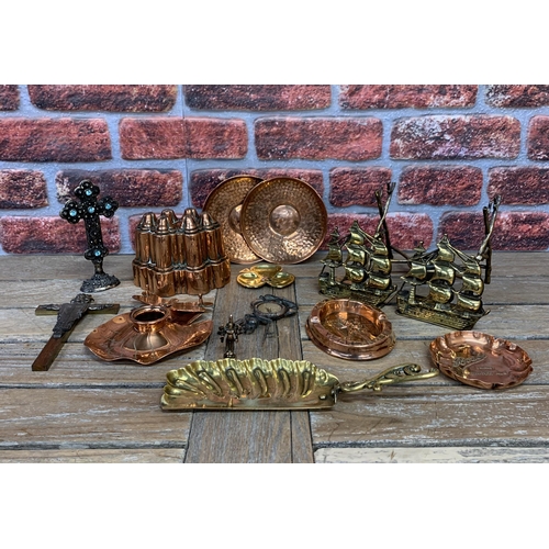 2236 - Brass and metalware to include a polished Victorian Jelly mould along with various nautical and reli... 