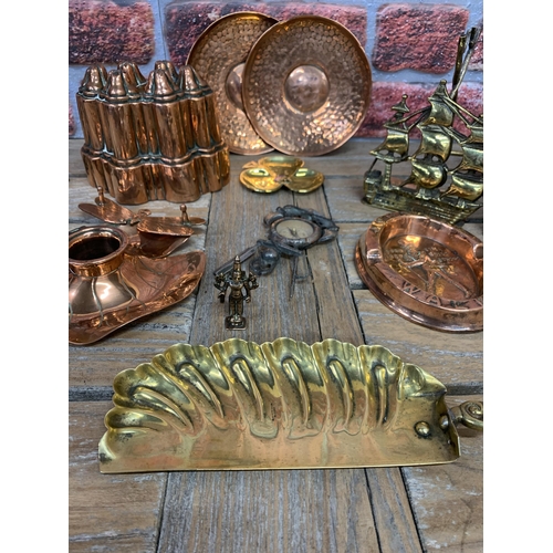 2236 - Brass and metalware to include a polished Victorian Jelly mould along with various nautical and reli... 