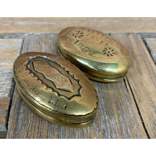 2237 - 19th Century Welsh Miners Brass Snuff boxes 1882 and 1860? (2)