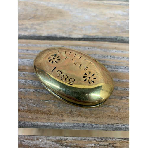 2237 - 19th Century Welsh Miners Brass Snuff boxes 1882 and 1860? (2)