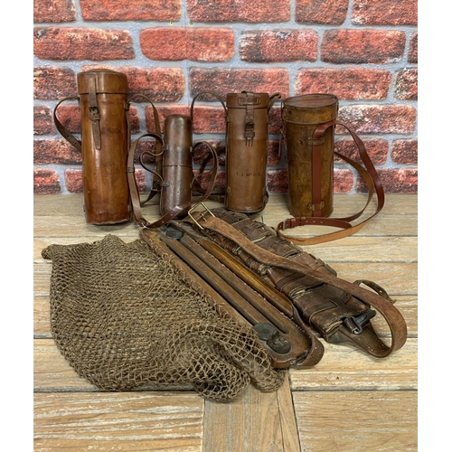 364 - Edwardian Leather gamekeepers items, to include ammunition belt, catch net, flask holder etc (6)