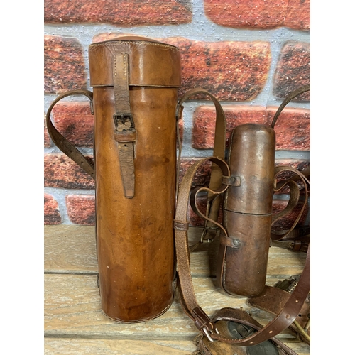 364 - Edwardian Leather gamekeepers items, to include ammunition belt, catch net, flask holder etc (6)