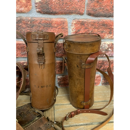 364 - Edwardian Leather gamekeepers items, to include ammunition belt, catch net, flask holder etc (6)