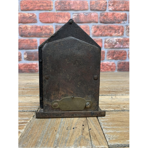 2218 - Victorian cast iron and brass money box in the form of a bank, H 20cm x W 13cm