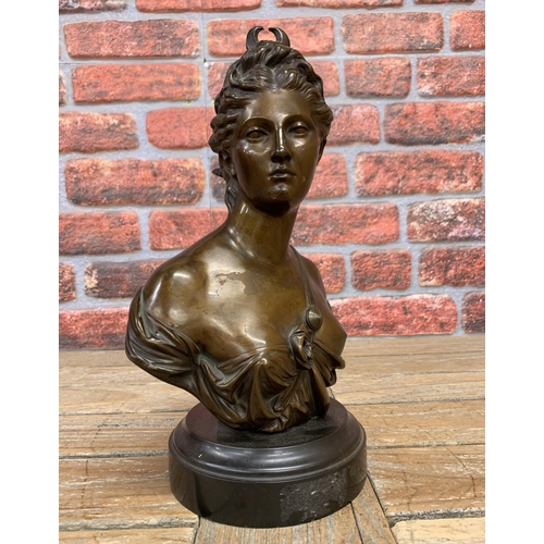 2220 - After Jean Antoine Houdon (1741-1828), Diana huntress bronze bust, H 34cm