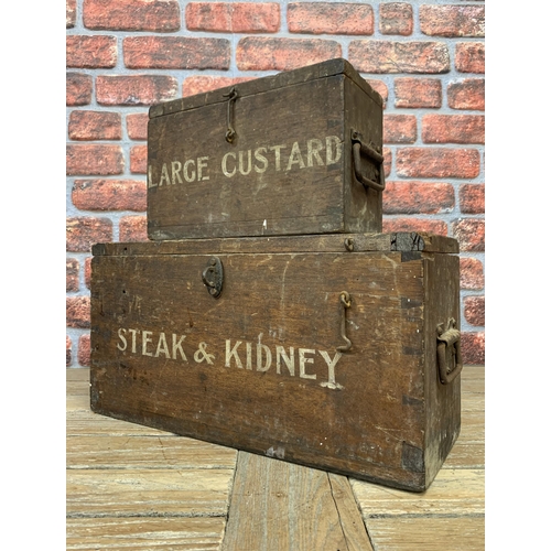 2173 - Two antique wooden food storage trunks, inscribed 'Large Custard' and 'Steak & Kidney', largest W 50... 