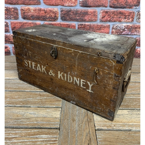 2173 - Two antique wooden food storage trunks, inscribed 'Large Custard' and 'Steak & Kidney', largest W 50... 