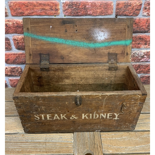 2173 - Two antique wooden food storage trunks, inscribed 'Large Custard' and 'Steak & Kidney', largest W 50... 