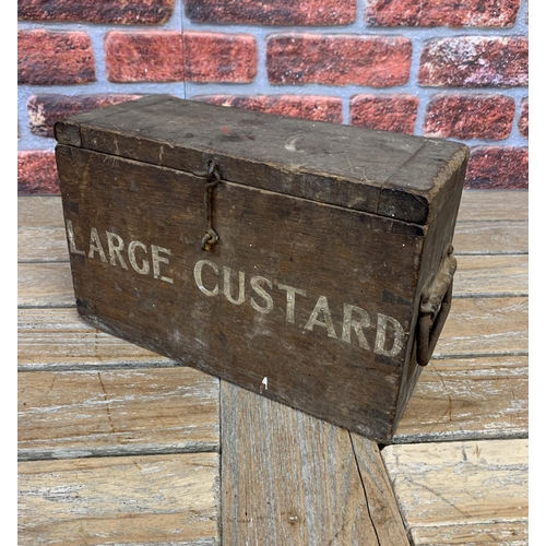 2173 - Two antique wooden food storage trunks, inscribed 'Large Custard' and 'Steak & Kidney', largest W 50... 