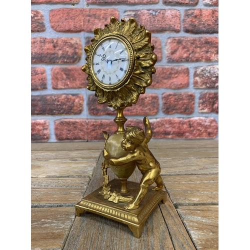 262 - 19th century French figural cabinet clock, enamel dial with painted decoration, on a alabaster colum... 