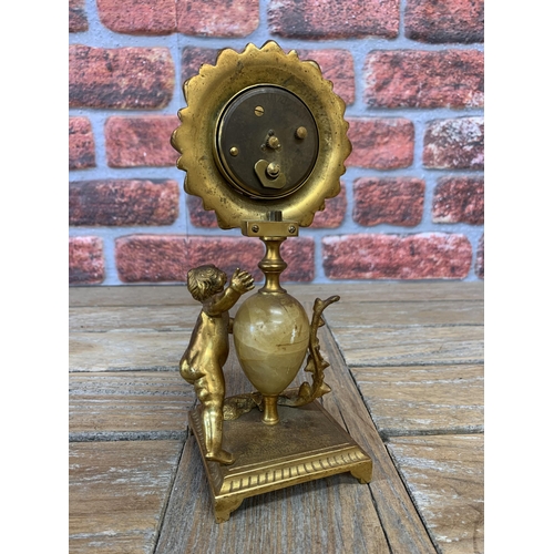 262 - 19th century French figural cabinet clock, enamel dial with painted decoration, on a alabaster colum... 