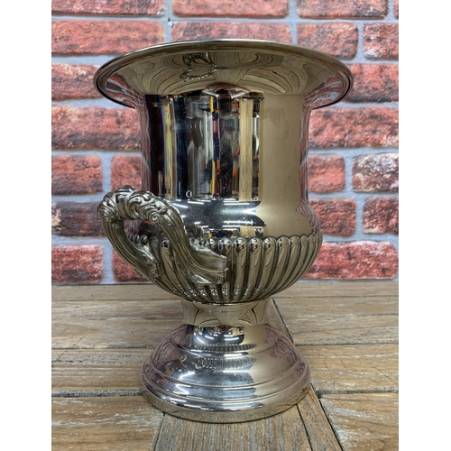 185 - Silver plated half fluted twin handled urn shaped wine cooler or jardiniere, 26cm high