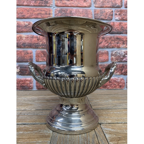 185 - Silver plated half fluted twin handled urn shaped wine cooler or jardiniere, 26cm high