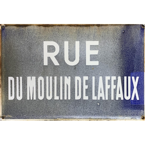 2502 - Vintage French enamel street sign 'Rue Du Moulin De Laffaux', white text on blue, 25 x 40cm