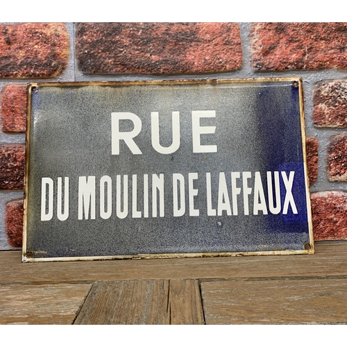 2502 - Vintage French enamel street sign 'Rue Du Moulin De Laffaux', white text on blue, 25 x 40cm