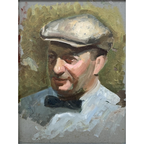 578 - 20th century school - bust portrait of a man in flat cap and bow tie, unsigned, oil on board, 40 x 3... 