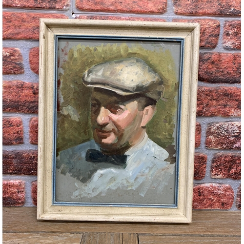 578 - 20th century school - bust portrait of a man in flat cap and bow tie, unsigned, oil on board, 40 x 3... 