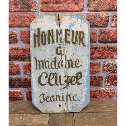 2503 - Vintage hand painted French sign 'Honneur à Madame Cluzee Jeanine', 50 x 30cm