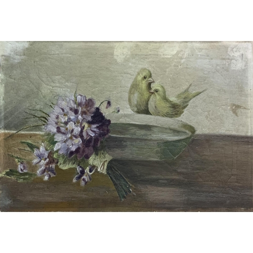 580 - 19th century school - still life with two canaries, unsigned, oil on canvas, 21 x 32cm, unframed