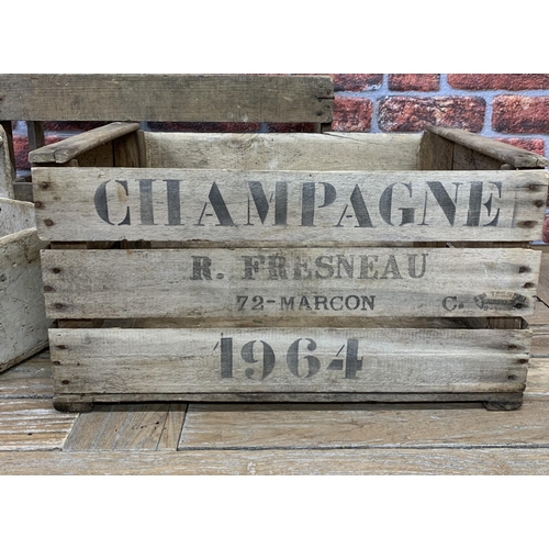 2181 - French wooded bottle crate inscribed 'R Fresneau, 27 Marcon', with a further French fruit crate and ... 