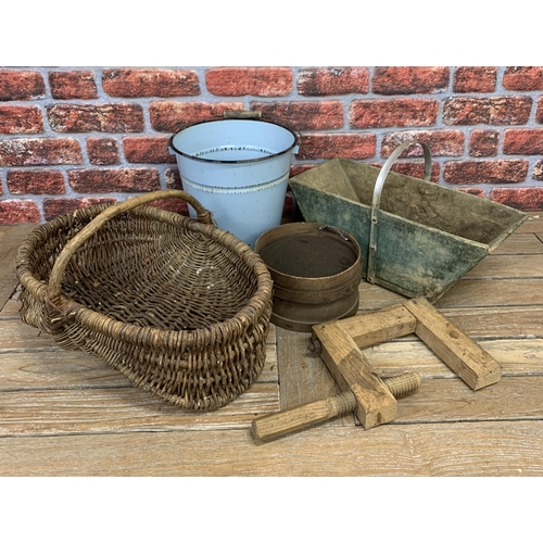 2182 - Charming French wooden garden trug, with wicker basket, provincial wooden clamp, sieve converted to ... 