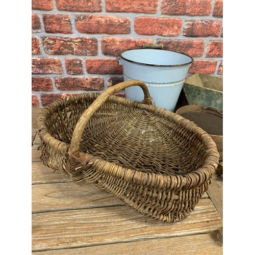 2182 - Charming French wooden garden trug, with wicker basket, provincial wooden clamp, sieve converted to ... 