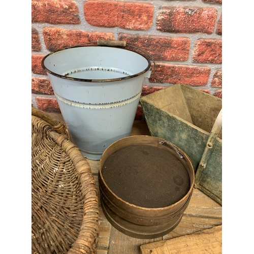 2182 - Charming French wooden garden trug, with wicker basket, provincial wooden clamp, sieve converted to ... 