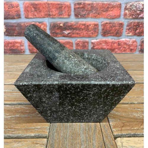 2312 - Kitchenalia - Square Mortar with Pestle Stone Kitchen Granite Grinder, W 19cm x H 12cm