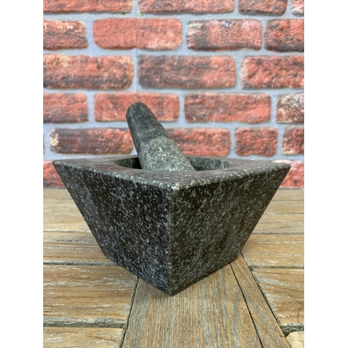 2312 - Kitchenalia - Square Mortar with Pestle Stone Kitchen Granite Grinder, W 19cm x H 12cm