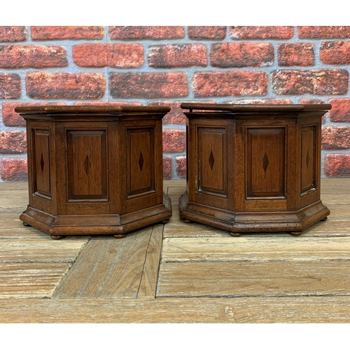 2183 - Pair of charming antique octagonal oak boxes, Ecclesiastical stands with lift off lids, raised on bu... 