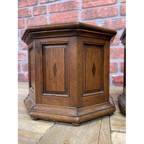 2183 - Pair of charming antique octagonal oak boxes, Ecclesiastical stands with lift off lids, raised on bu... 