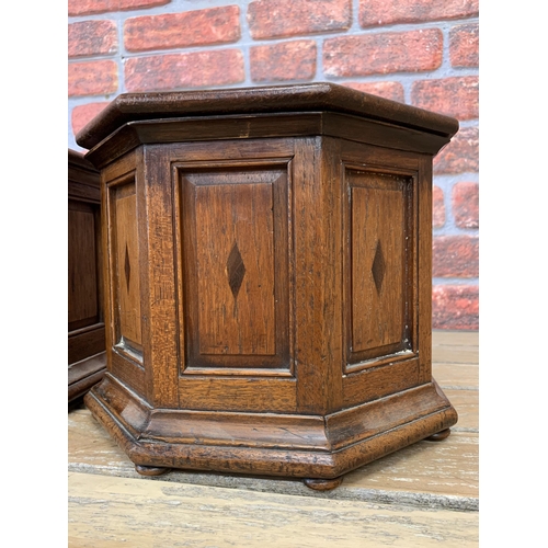 2183 - Pair of charming antique octagonal oak boxes, Ecclesiastical stands with lift off lids, raised on bu... 