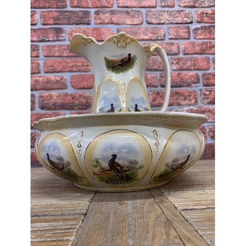 366 - 19th Century Jug and Bowl with transfer print of Pheasants (2)