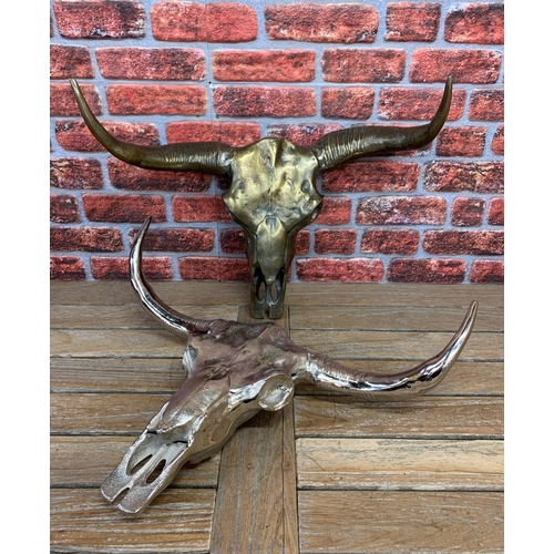 2242 - Large Aluminium Cow Bull Bison Skull Wall Hanging, one with polished finish and one with Bronze fini... 