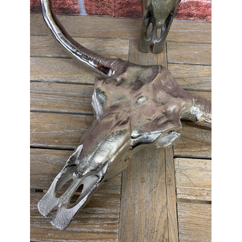 2242 - Large Aluminium Cow Bull Bison Skull Wall Hanging, one with polished finish and one with Bronze fini... 