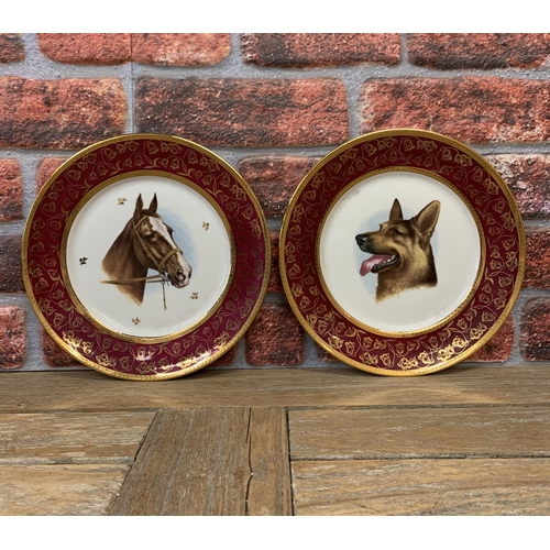 329 - Two Limoges cabinet plates with horse and German Sheppard central design, burgundy and floral gold m... 