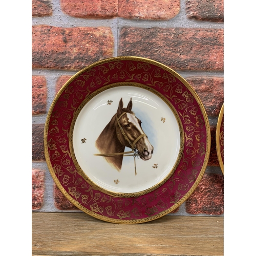 329 - Two Limoges cabinet plates with horse and German Sheppard central design, burgundy and floral gold m... 