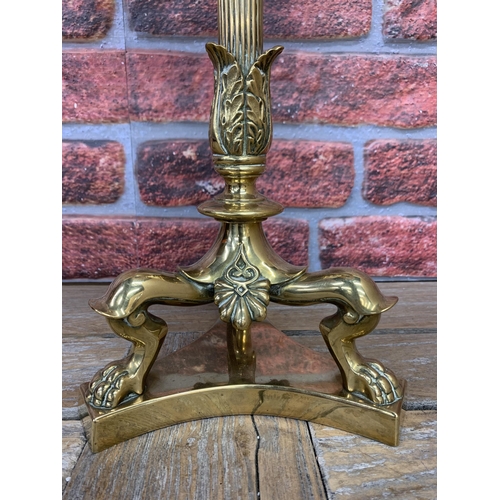 2376 - A 19th Century Corinthian column brass lamp on tri-form lion claw feet, with silk shade, H48cm witho... 