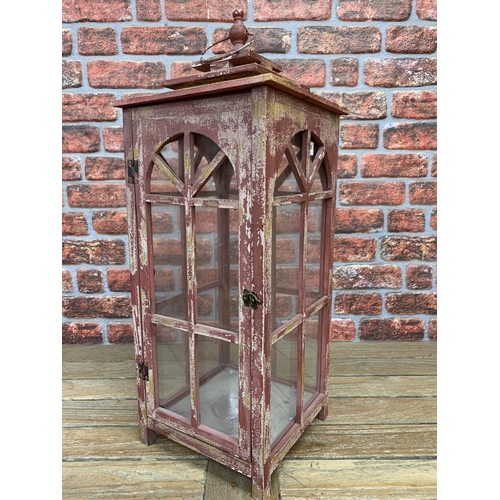 2377 - Large cherry red Wooden Lantern with glazed panels, W30cm x H78cm