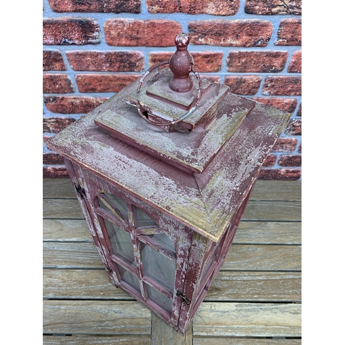 2377 - Large cherry red Wooden Lantern with glazed panels, W30cm x H78cm