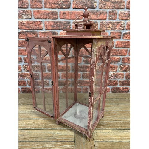 2377 - Large cherry red Wooden Lantern with glazed panels, W30cm x H78cm