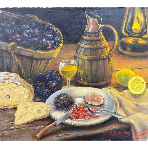 495 - Benjamin Sarraillon (1901-1989) - Still life of a supper of sea urchins, signed, oil on canvas, 38 x... 