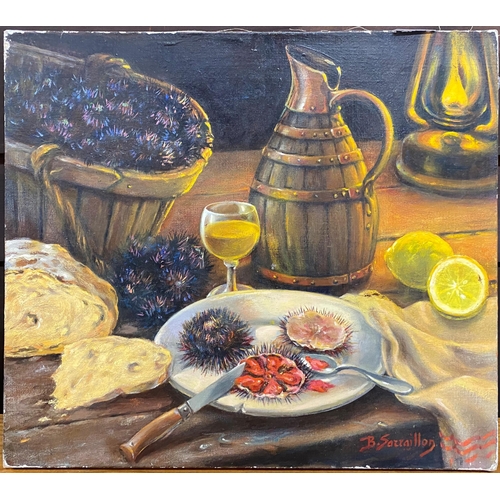 495 - Benjamin Sarraillon (1901-1989) - Still life of a supper of sea urchins, signed, oil on canvas, 38 x... 