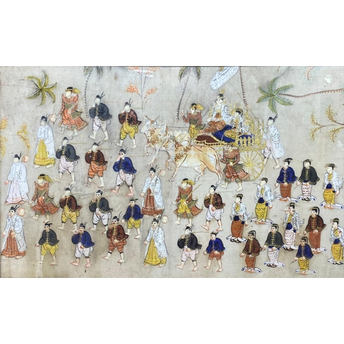 496 - Moghul school - Pair of procession scenes with figures, work on silk, 21 x 35cm, framed (2)