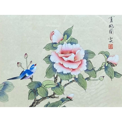 499 - Chinese school - pair of louts flower and bird studies, calligraphy and stamp, work on silk, 29 x 39... 