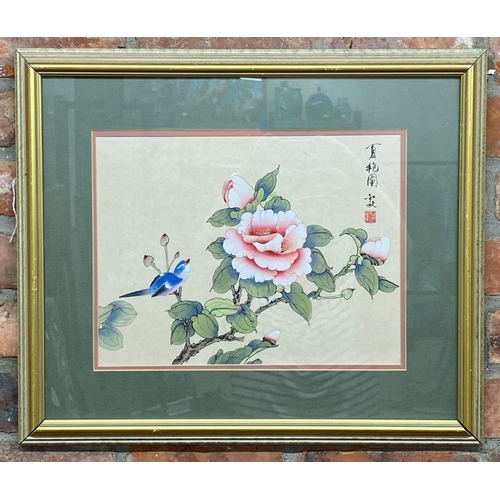 499 - Chinese school - pair of louts flower and bird studies, calligraphy and stamp, work on silk, 29 x 39... 